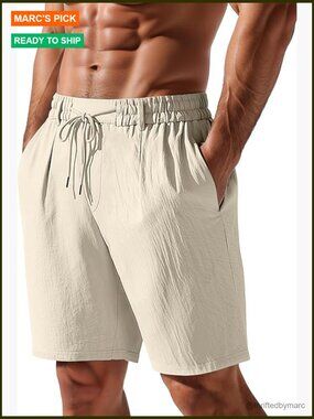 Men's Linen Shorts Elastic Waist Drawstring Lightweight Summer Beach Casual